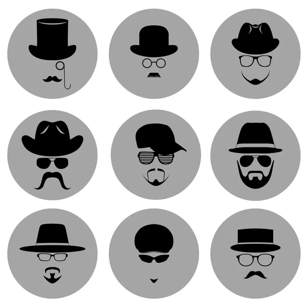 Un conjunto de iconos planos redondos. Silueta de hombre con sombrero, gafas, barba y bigote . — Archivo Imágenes Vectoriales