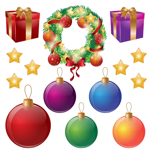 Set de decoraciones navideñas aisladas. Corona, bolas, cajas de regalo, estrellas . — Vector de stock