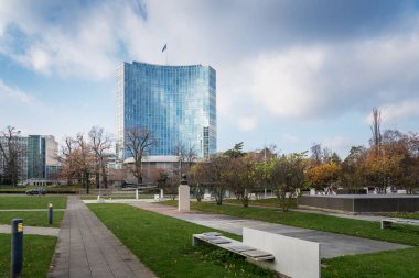 Cenevre, İsviçre - 03 Aralık 2019: Dünya Fikri Mülkiyet Örgütü (WIPO) Yeni Bina - Birleşmiş Milletler özel ajansı - Cenevre, İsviçre