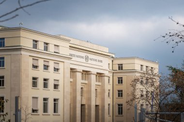 Cenevre, İsviçre - 3 Aralık 2019: Birleşmiş Milletler Ofisi - Cenevre, İsviçre