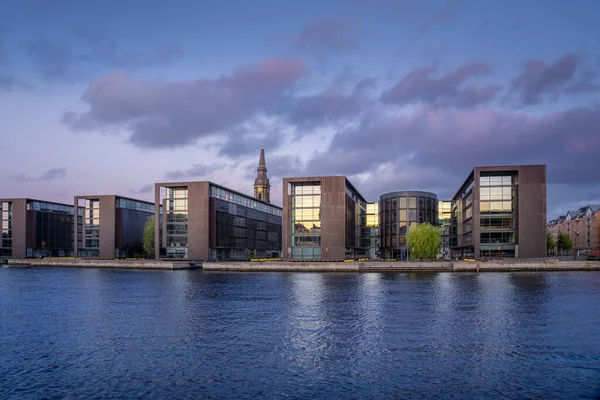 Main Canal Weergave Van Christianshavn Bij Zonsondergang Met Christenen Kerktoren — Stockfoto