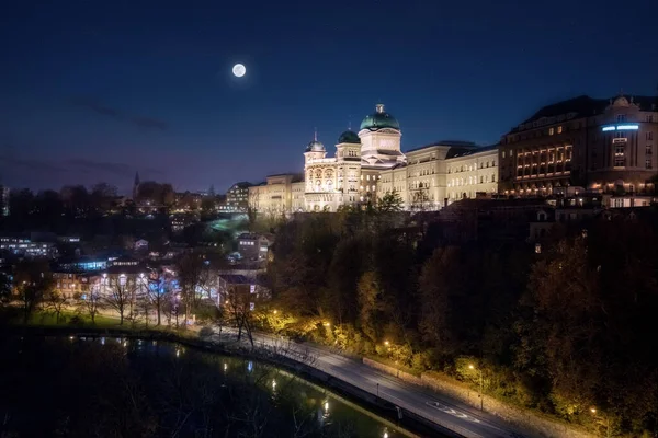 Švýcarský Federální Palác Bundeshaus Noci Bern Švýcarsko — Stock fotografie