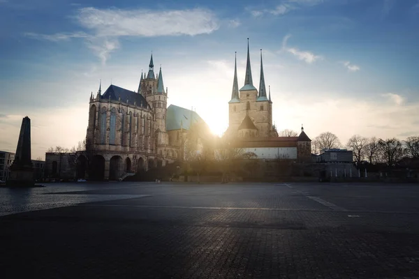 Domplatz Square View Erfurt Cathedral Saint Severus Church Severikirche Sunset — стокове фото