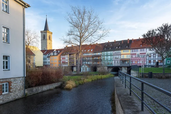 Merchants Bridge Kramerbrucke Agidienkirche Church Tower Erfurt Turíngia Alemanha — Fotografia de Stock