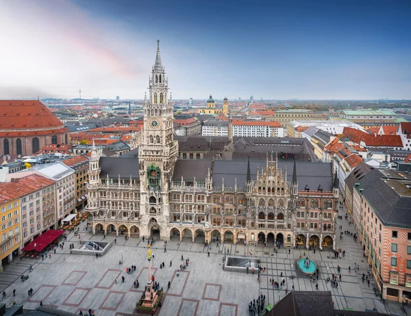 Vue Aérienne Place Marienplatz Nouvelle Mairie Neues Rathaus Coucher Soleil — Photo