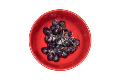 Beyaz arka planda izole edilmiş kırmızı bardaktaki üzümler kayıp. Küflü üzümler..