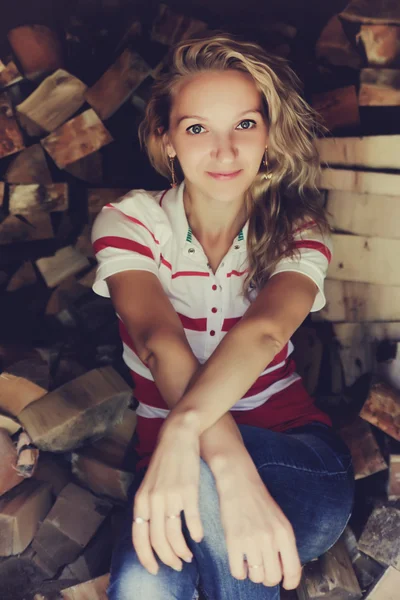 Girl, blonde in village — Stock Photo, Image