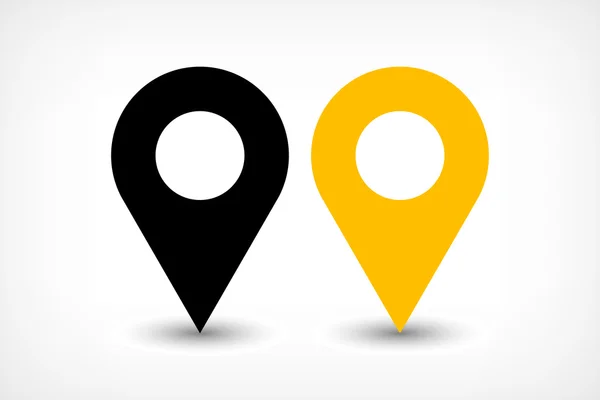 Los pines amarillos del mapa muestran el icono de ubicación con sombra de gradiente gris elipse en un estilo simple plano —  Fotos de Stock
