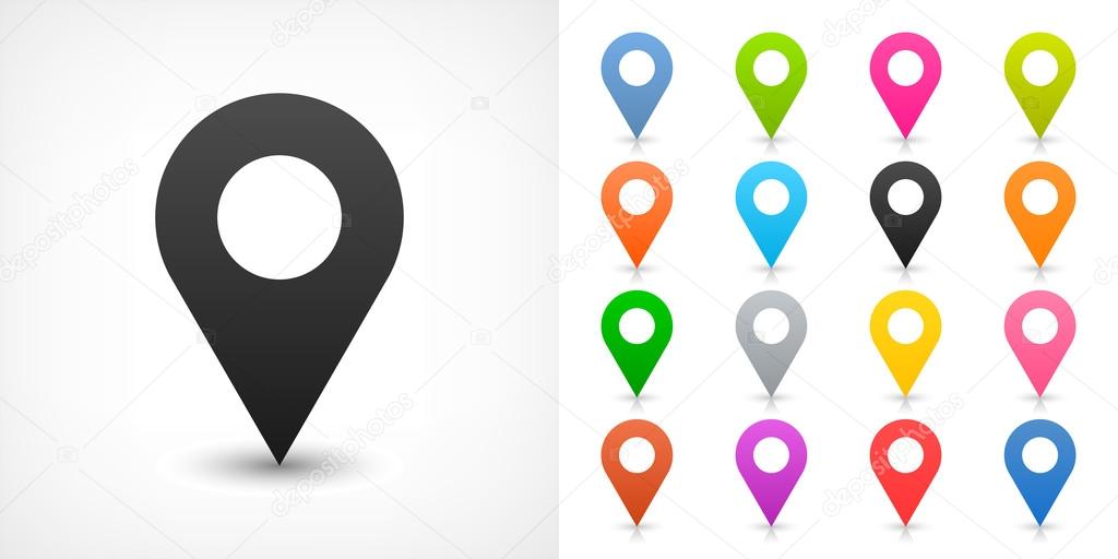 Black map pin sign location icon with drop shadow in flat simple style