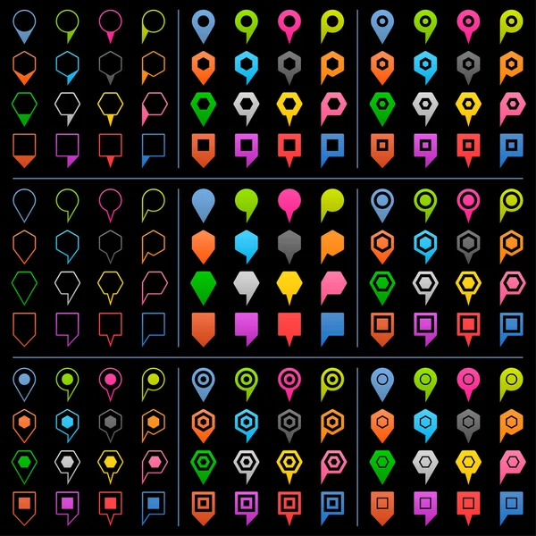Los pines de mapa de color muestran iconos en estilo plano — Vector de stock
