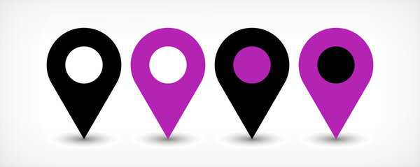 Violet flat map pin sign location icon with shadow