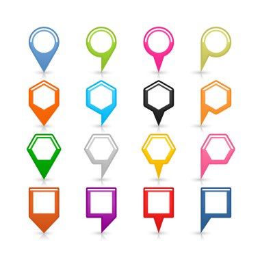 16 boş harita pim konumu simgesi beyaz zemin üzerine gölge yansıması ile kayıt.