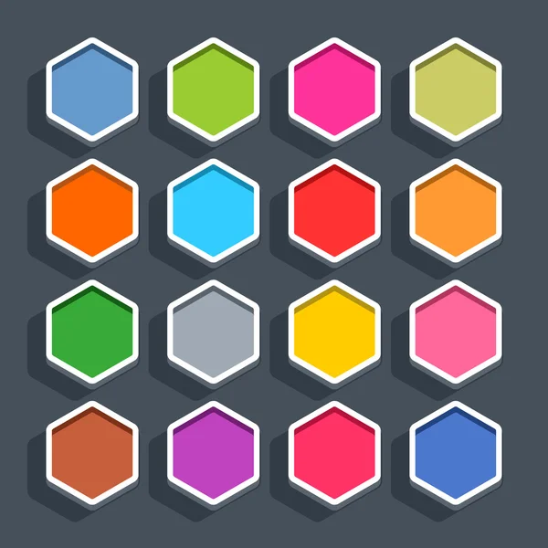 16 blank hexagon buttons in flat style with oval shadow on gray background. — Stock Vector