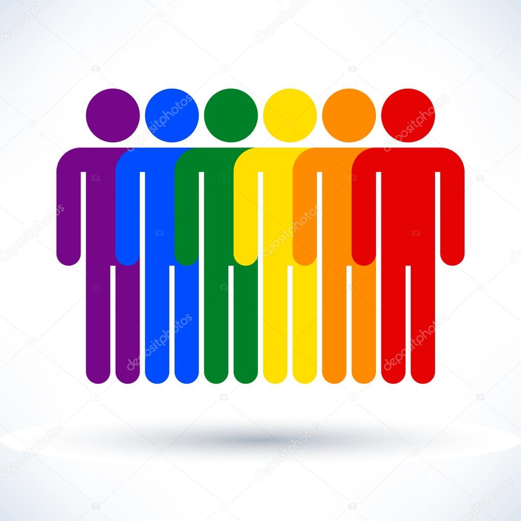Color logotype six man LGBT movement rainbow flag. Simple silhouette information sign with gray drop shadow isolated on white background in flat style. Design elements in vector illustration 8 eps