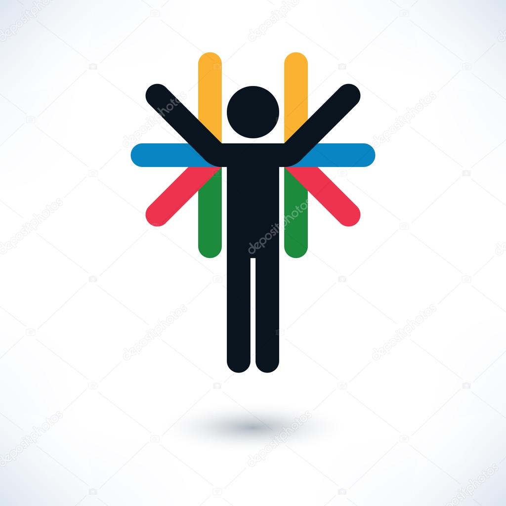Color logotype human with multiple arms. Simple silhouette information sign with gray shadow on white background in flat style. Graphic concept idea design elements vector illustration 8 eps
