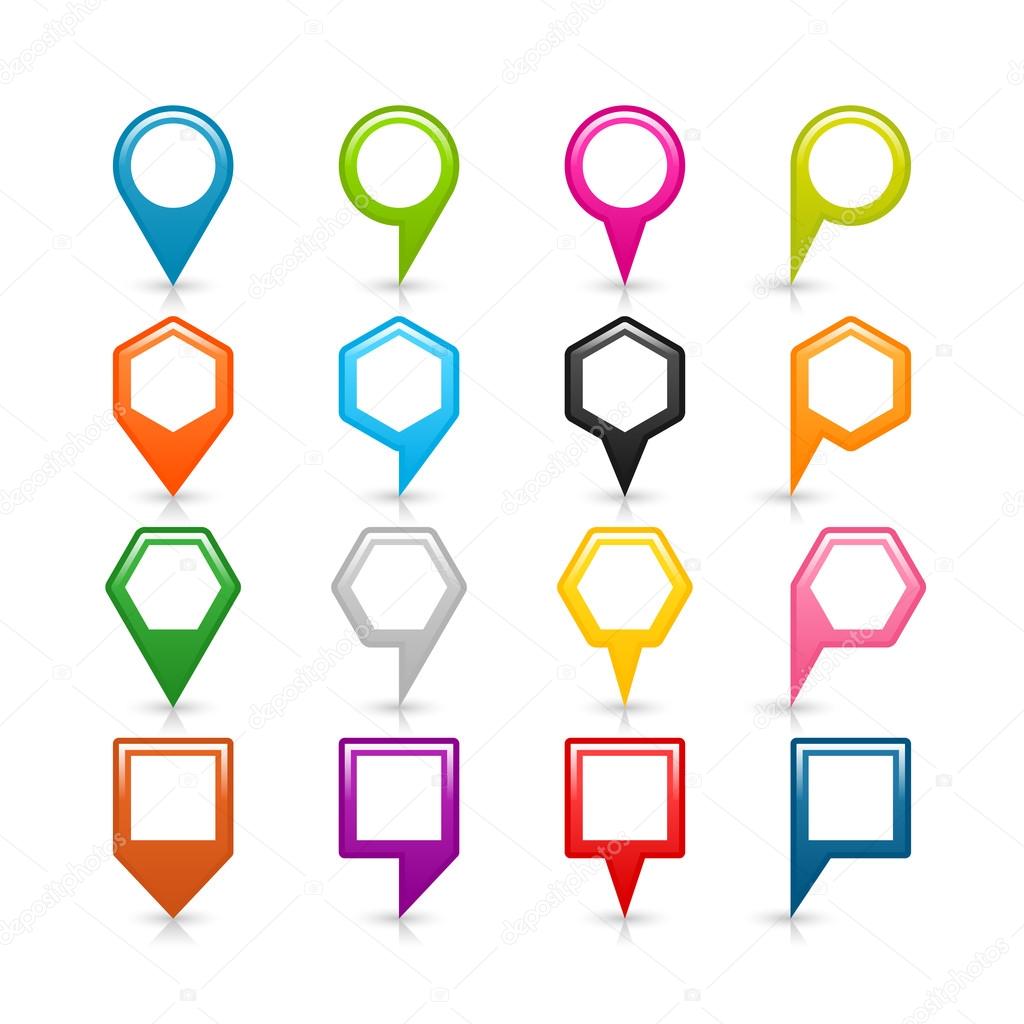16 blank map pins sign location icon with shadow reflection on white background.