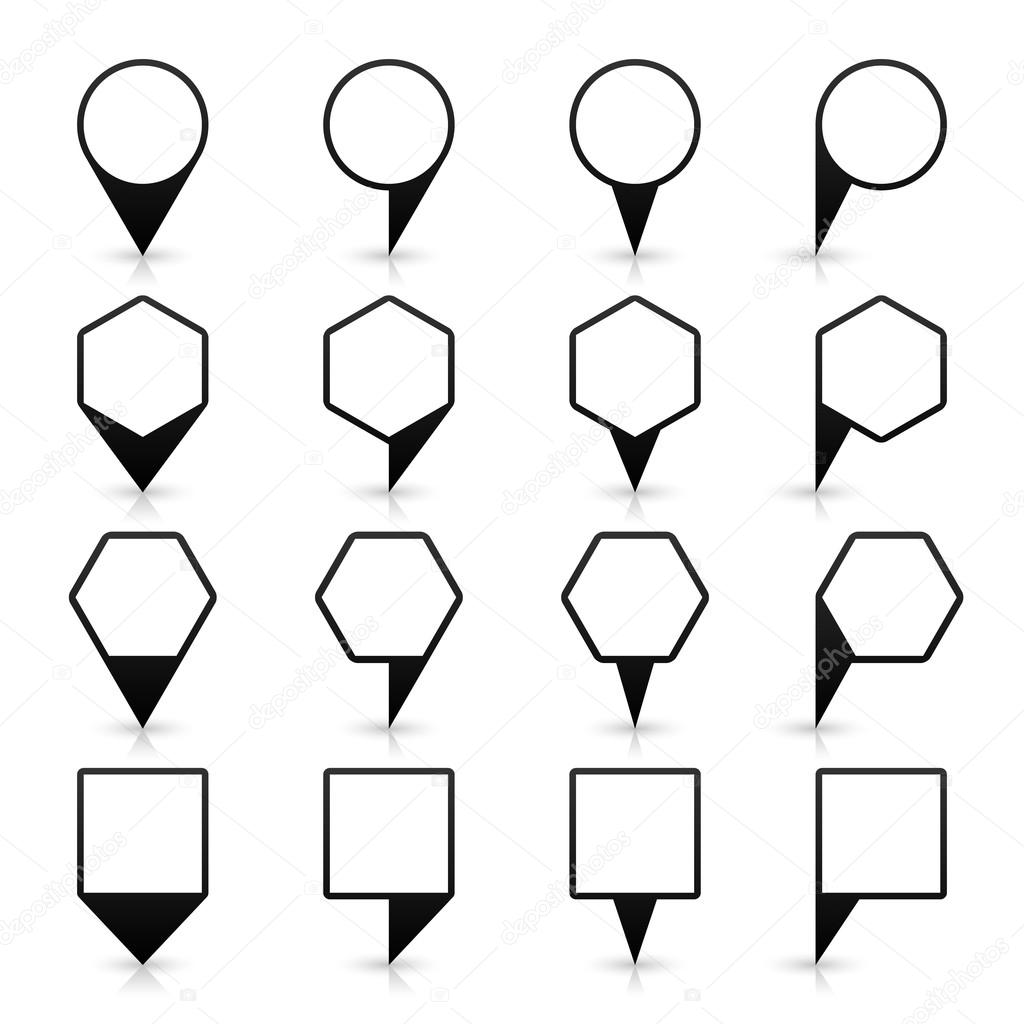 16 map pins sign location icon with gray shadow and reflection in flat style