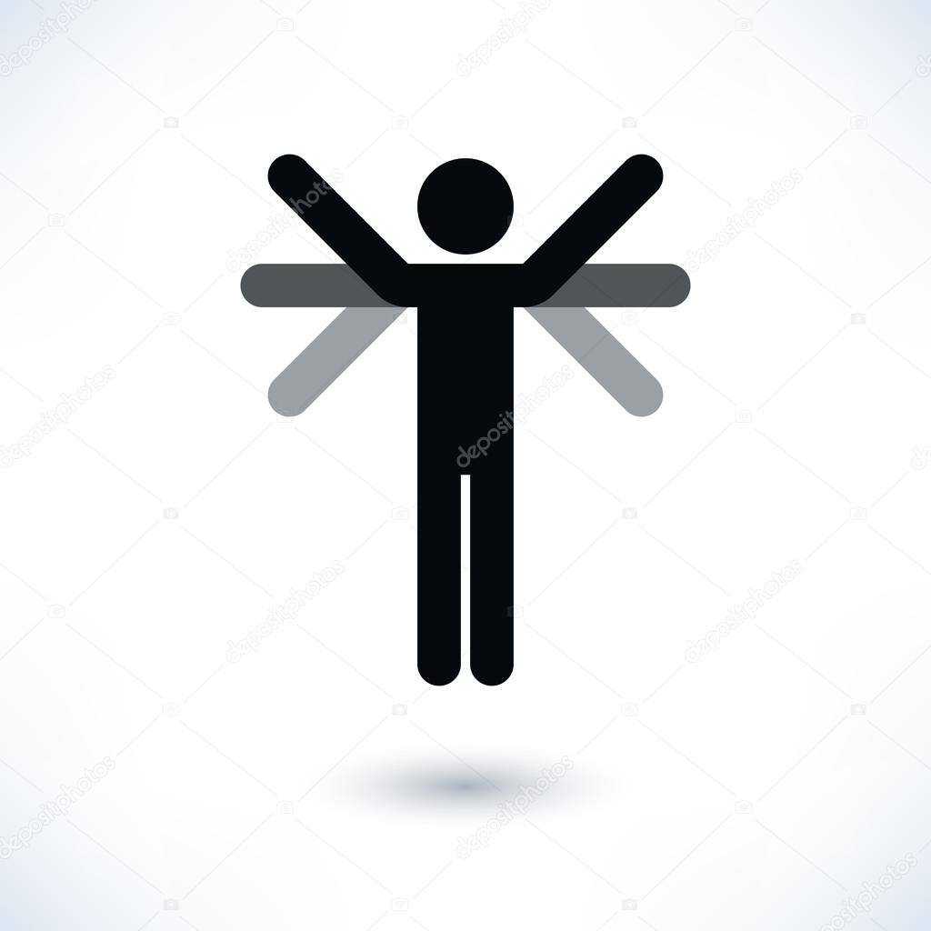 Grayscale logotype man with multiple hands. Simple silhouette information sign with gray drop shadow isolated on white background in flat style. Graphic design elements in vector illustration 8 eps