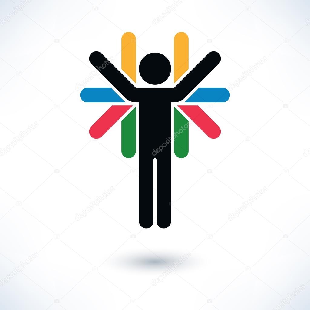 Color sign people (man's figure) with many hands in flat style. Simple silhouette with gray shadow isolated on white background. Graphic design elements in vector illustration 8 eps