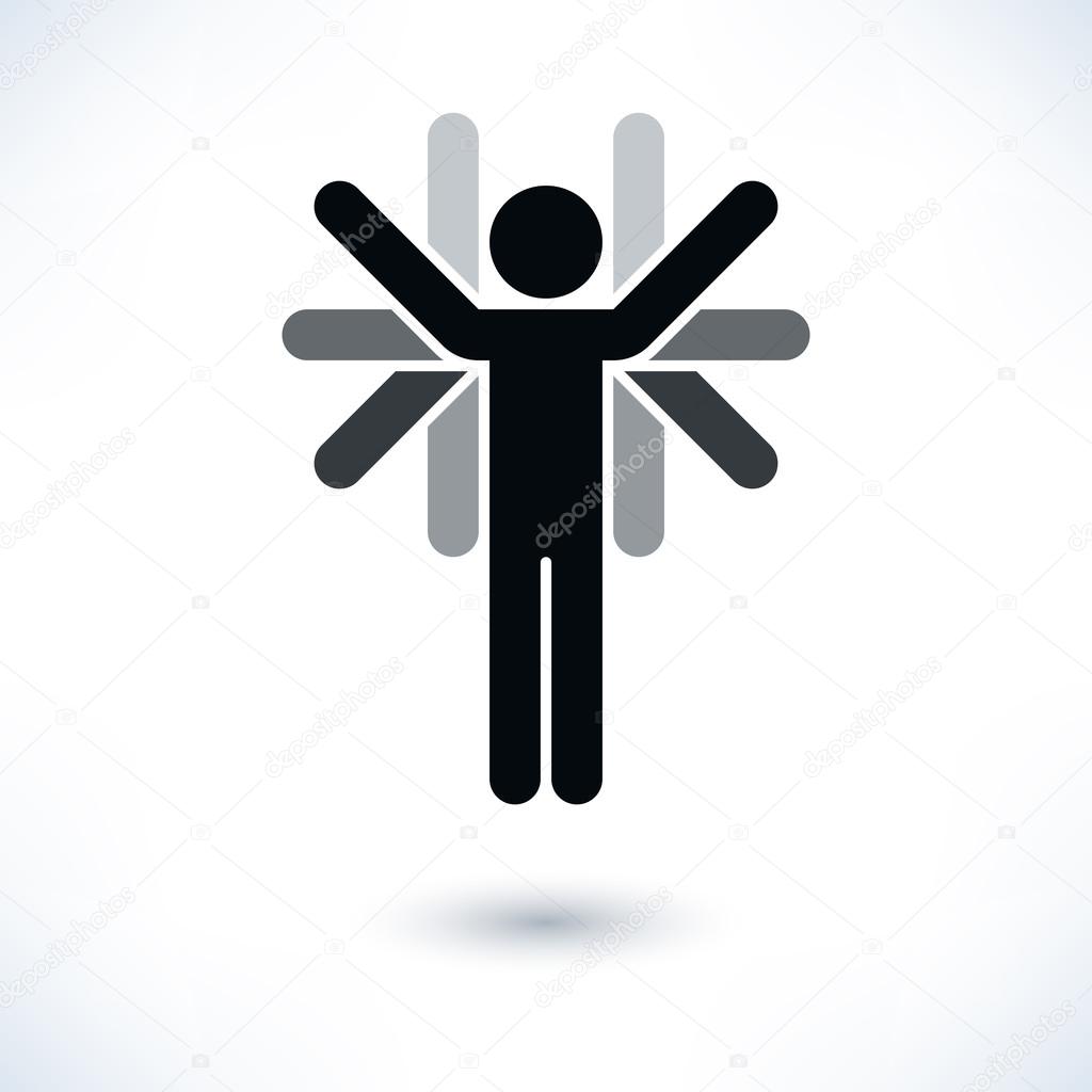 Grayscale logotype man with multiple hands. Simple silhouette information sign with gray drop shadow isolated on white background in flat style. Graphic design elements in vector illustration 8 eps