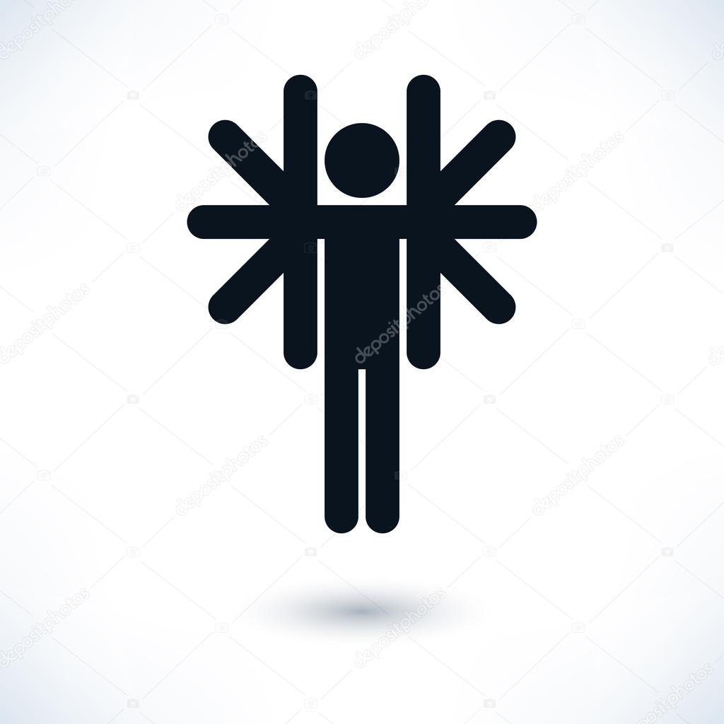 Black logotype people (man's figure) with many hands in flat style. Simple silhouette sign with gray shadow isolated on white background. Graphic design elements in vector illustration 8 eps