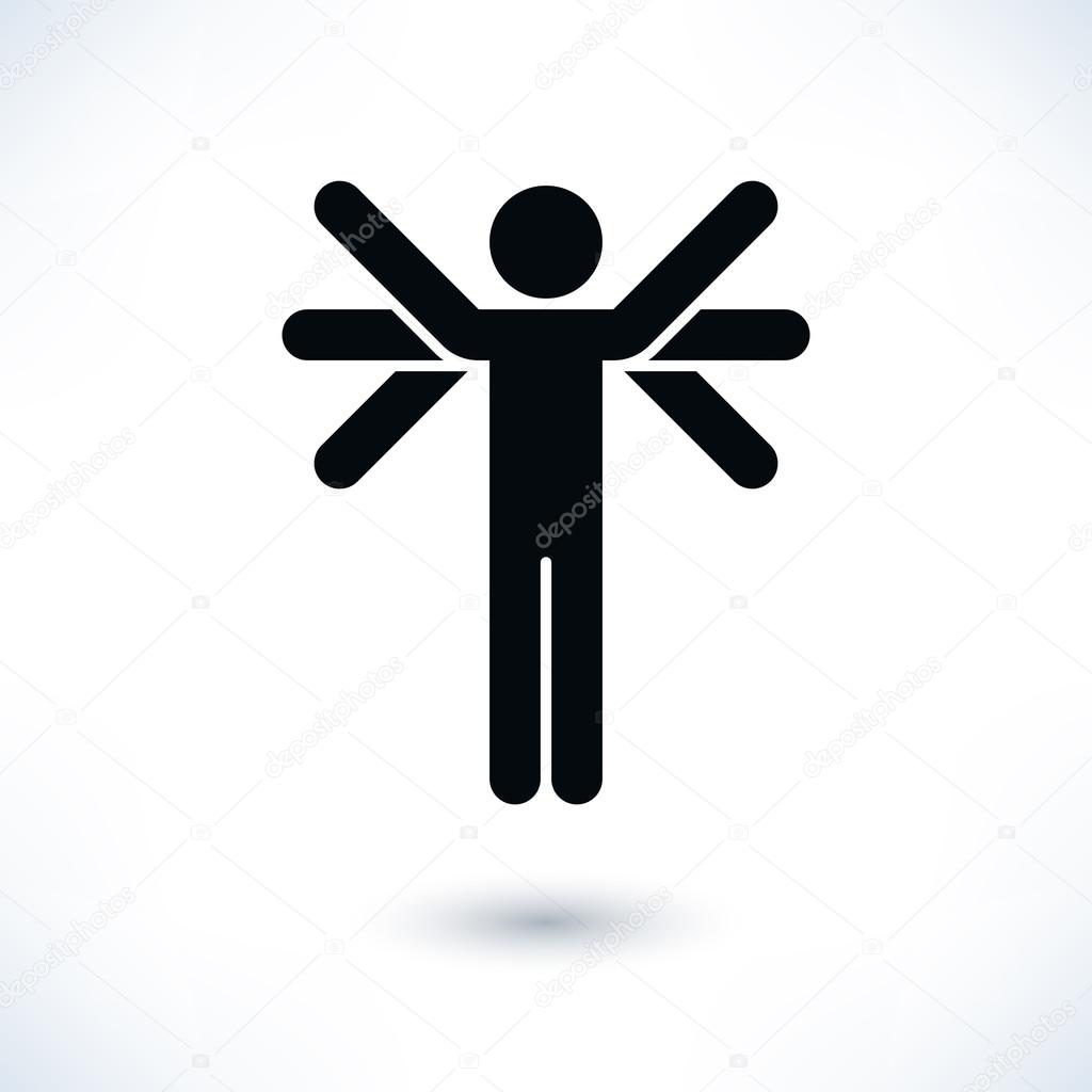 Black logotype people (man's figure) with many hands in flat style. Simple silhouette sign with gray shadow isolated on white background. Graphic design elements in vector illustration 8 eps