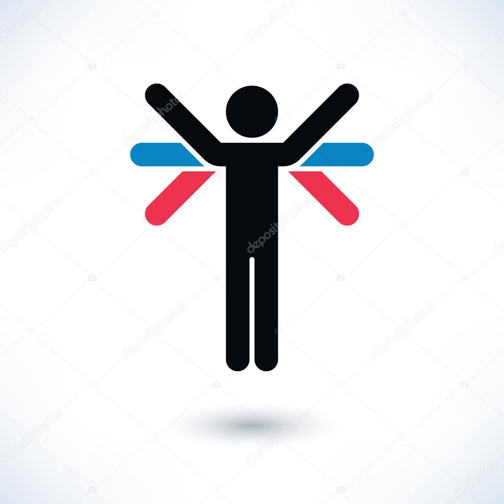 Color sign people (man's figure) with many hands in flat style. Simple silhouette with gray shadow isolated on white background. Graphic design elements in vector illustration 8 eps