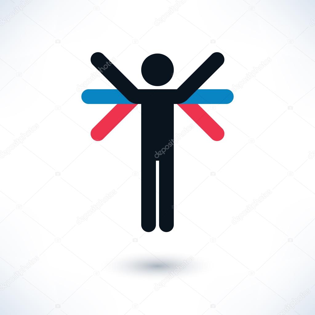 Color logotype human with multiple hands or wings. Simple silhouette information sign with gray shadow isolated on white background in flat style. Graphic design elements in vector illustration 8 eps