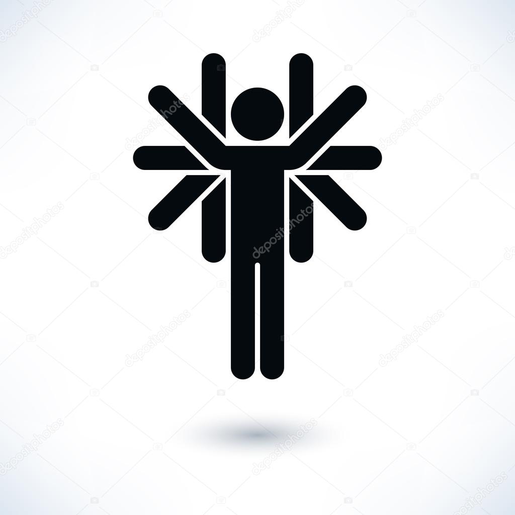 Black logotype people (man's figure) with many hands in flat style. Simple silhouette sign with gray shadow isolated on white background. Graphic design elements in vector illustration 8 eps