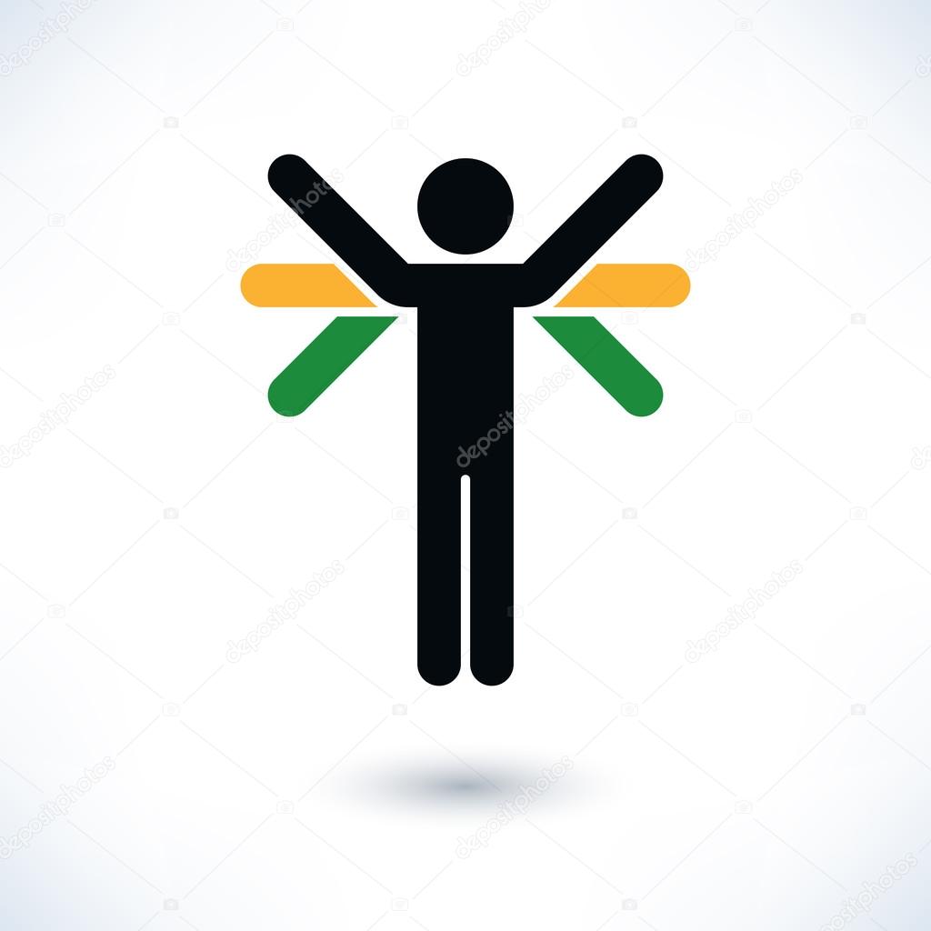 Color sign people (man's figure) with many hands in flat style. Simple silhouette with gray shadow isolated on white background. Graphic design elements in vector illustration 8 eps