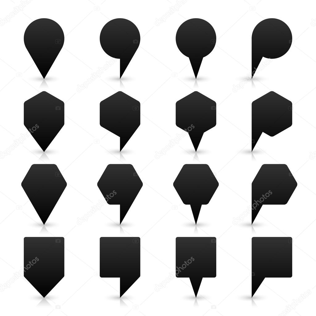16 map pins sign location icon with gray shadow and reflection in flat style