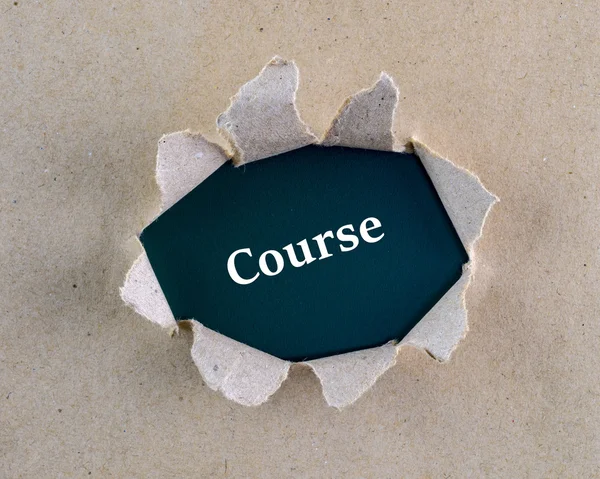 Torn brown rough textured paper with "Course" word at background surface. — Stock Photo, Image