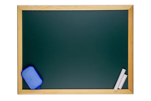 Blank chalkboard with chalk and duster against white background. — ストック写真