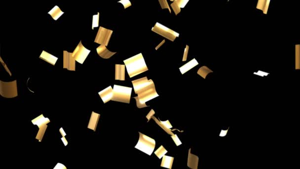 Fliegendes Goldenes Konfetti Vereinzelt Auf Schwarzem Hintergrund Parteikonzept Animation Auflösung — Stockvideo