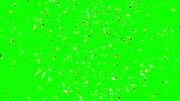 Fliegendes Goldenes Konfetti Vereinzelt Auf Grünem Hintergrund Parteikonzept Animation Auflösung — Stockvideo