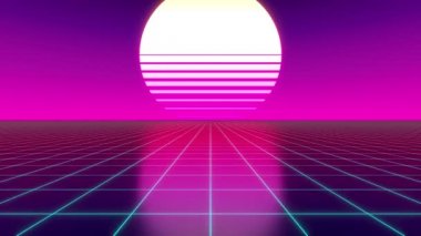 Düz arazi, şebeke ve güneş içeren retromoret ve mavi görüntüler - 80 'ler için uygun geleceksel tasarım. 4k çözünürlüklü 3D dijital animasyon - 3840 x 2160 px.