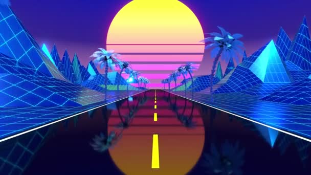 Retro Blue Footage Road Mountains Palm Trees Sun Futuristic Design — Wideo stockowe