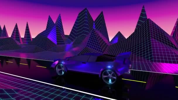 Retro Fioletowy Niebieski Materiał Filmowy Samochodem Drodze Górach Futurystyczny Design — Wideo stockowe