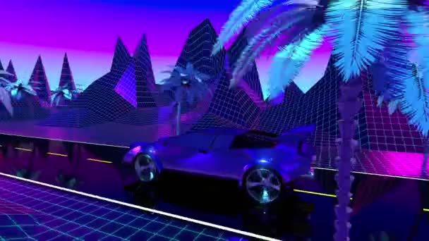 Retro Fioletowy Niebieski Materiał Filmowy Samochodem Drodze Palmy Góry Futurystyczny — Wideo stockowe