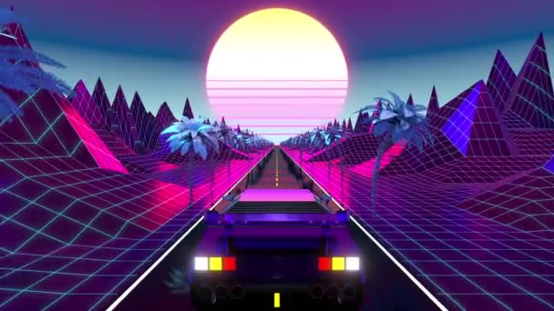 复古的紫色和蓝色镜头 汽车在路上 棕榈树和山区 未来的设计适合80年代 3D数码动画4K解像度 3840X2160Px — 图库视频影像