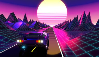 3D menekşe ve pembe retro, gelecekten gelen 80 'ler tasarımı - yolda araba