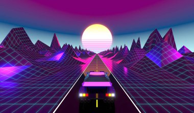 3D menekşe ve pembe retro, gelecekten gelen 80 'ler tasarımı - yolda araba