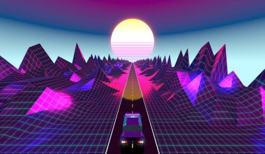3D menekşe ve pembe retro, gelecekten gelen 80 'ler tasarımı - yolda araba