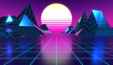 3D menekşe ve pembe retro, gelecekten gelen 80 'ler tasarımı - güneş, ızgara ve dağlar