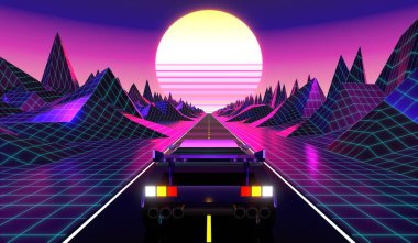 3D menekşe ve pembe retro, gelecekten gelen 80 'ler tasarımı - yolda araba