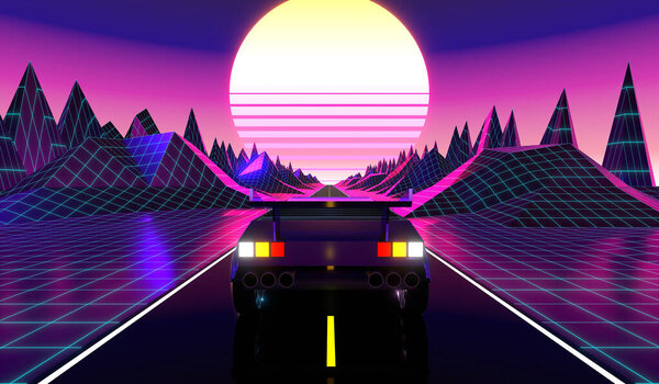 3D violet and pink retro, futuristic 80's design - car on a road