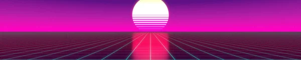 3Dバイオレットとピンクのレトロで未来的な80年代のデザイン 太陽とグリッド — ストック写真