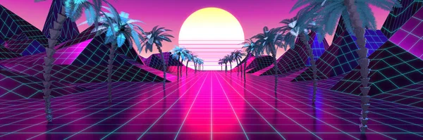 Violet Pink Retro Futuristic Design Sun Mountains Palm Trees — Stock Photo, Image