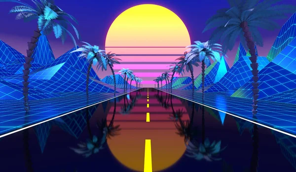 stock image 3D violet and blue retro, futuristic 80's design - sun, mountains and palm trees