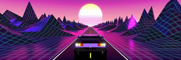 3D violet and pink retro, futuristic 80\'s design - car on a road